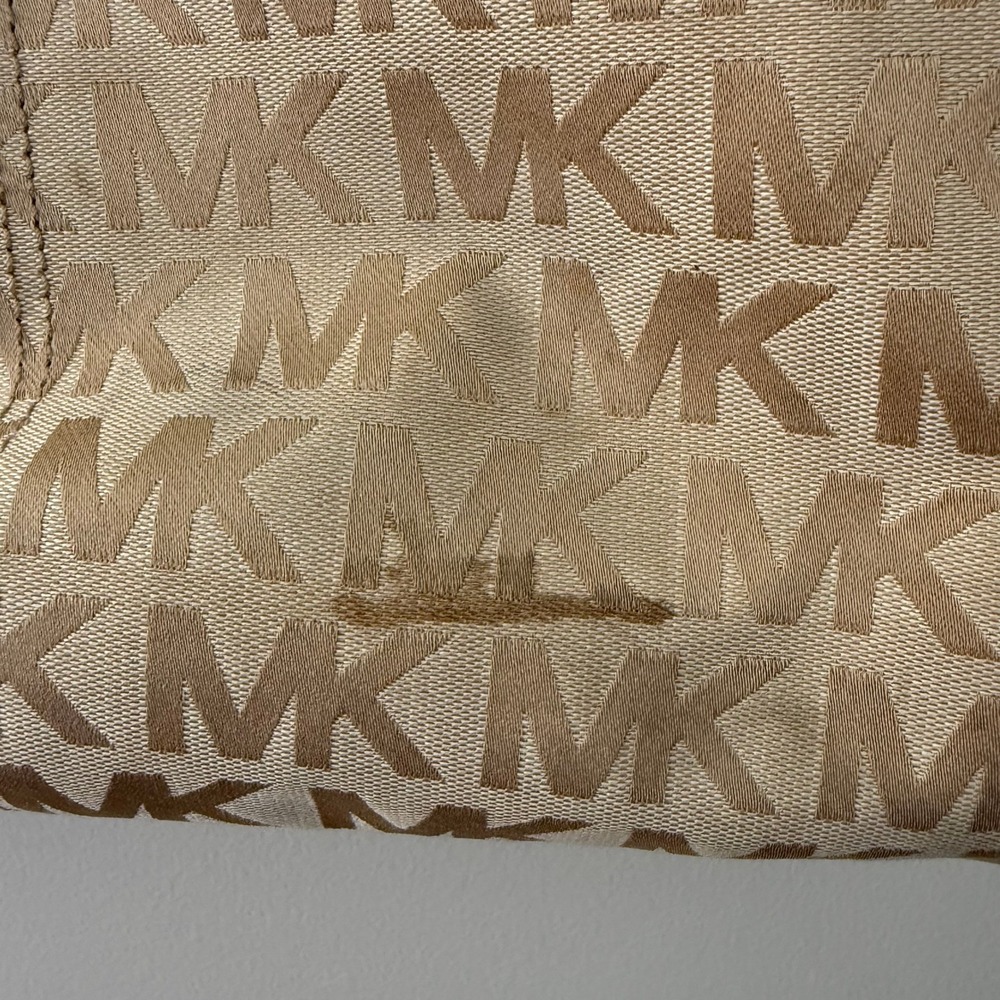 Michael Kors Monogram Canvas Tote Bag Beige Tan Leather Trim Gold Hardware - Picture 3 of 9
